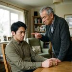 Older man angrily pointing finger at younger man sitting at table holding tea