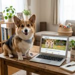 Smiling Welsh Corgi in a striped bandana sitting on a wooden table beside a laptop displaying a Welsh Corgi community webpage.