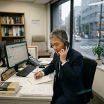 Office worker taking notes while speaking on a desk phone